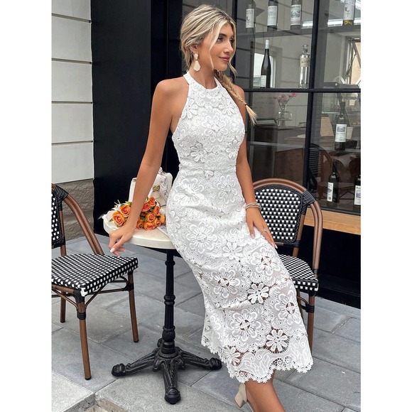 Solid Lace Halter Neck Backless midi Dress white - Picture 1 of 5